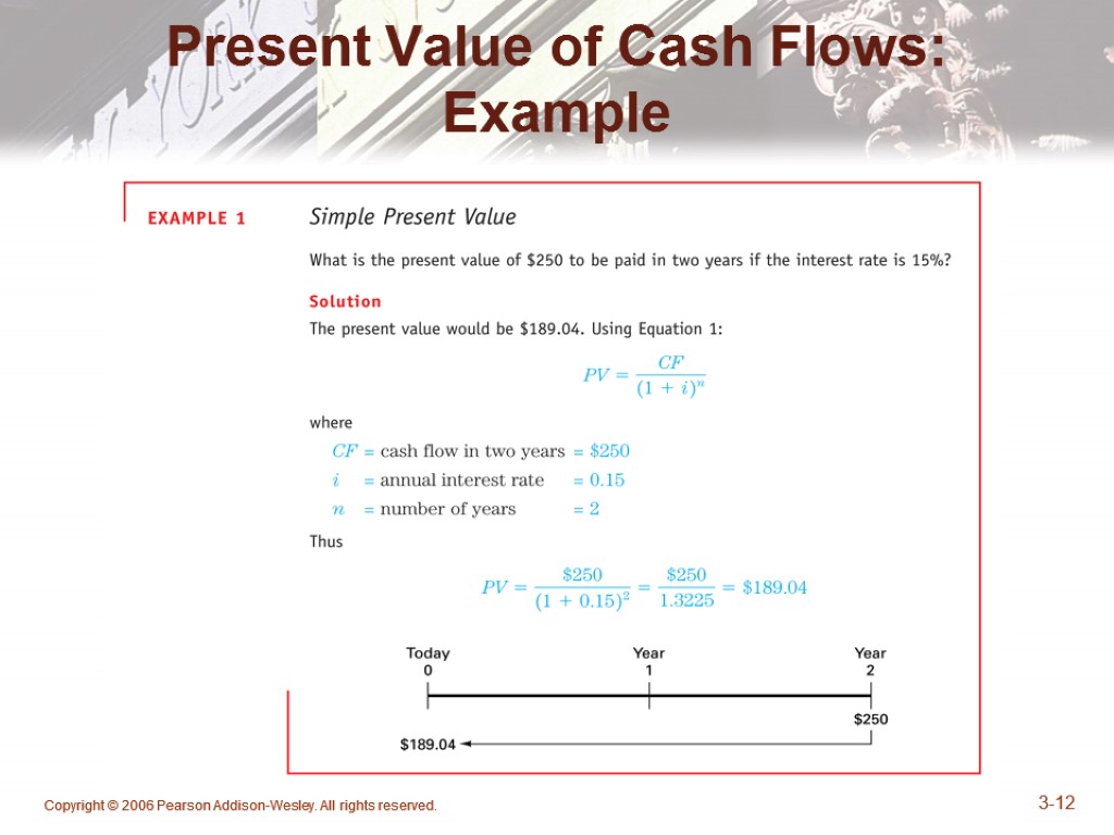 Copyright © 2006 Pearson Addison-Wesley. All rights reserved. 3-12 Present Value of Cash Flows: